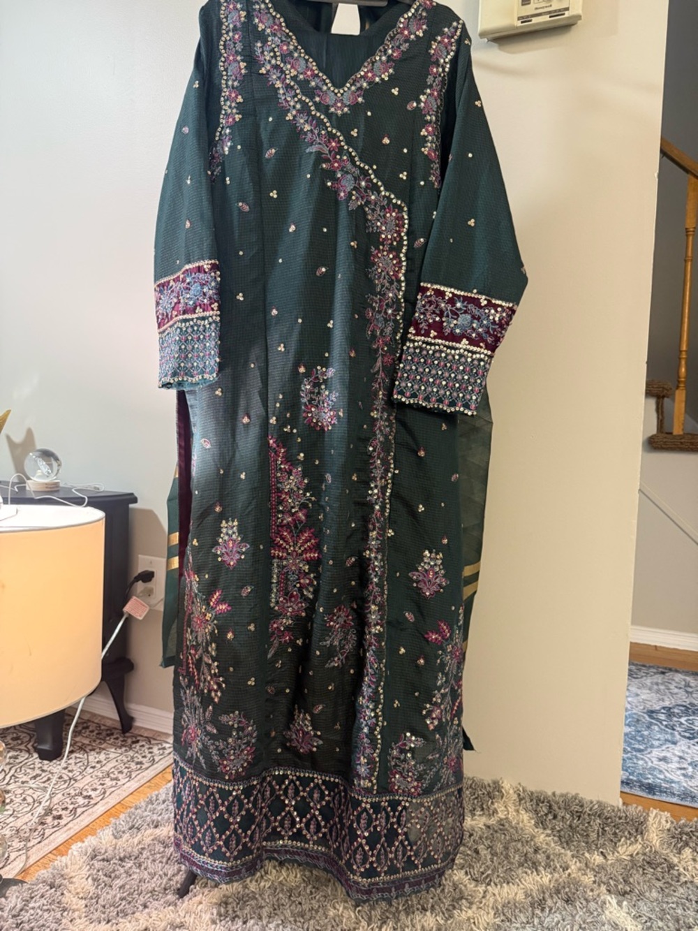 Embroidered Dark Green Women's Dress with Floral Accents
